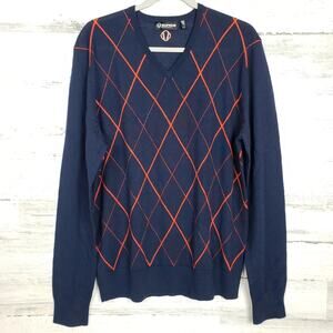 Sunice Navy Blue Orange Men's Vneck Argyle Sweater